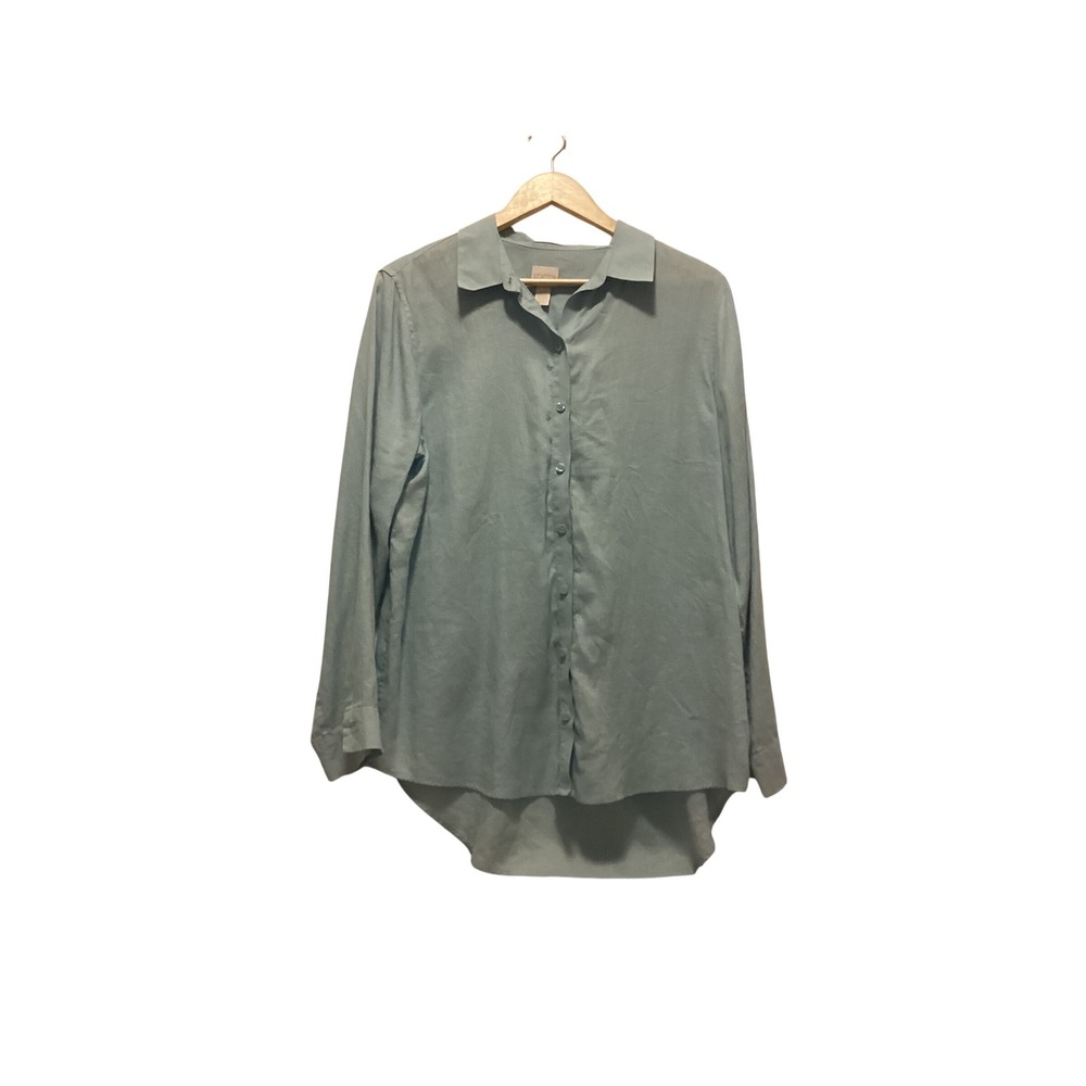 Chico's Button Down Shirt Womens 2 Light Blue No-Iron Linen High-Low Hem